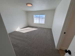 Empty room with light carpet and a textured ceiling