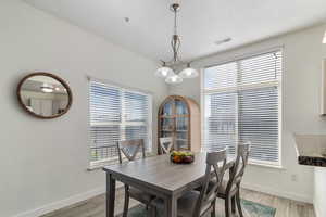 Dining room with suspended lighting.