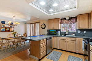 Kitchen featuring a tray ceiling, a peninsula, an ornate ceiling, light wood-style flooring, and plenty of natural light