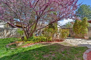 Fenced backyard with a patio