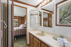 Ensuite bathroom featuring vanity, light colored carpet, crown molding, wood walls, and a shower stall
