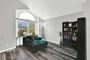 Living area featuring dark wood finished floors and vaulted ceiling