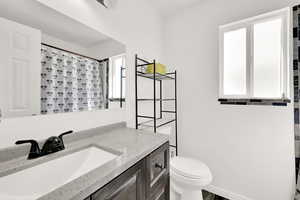 Full bathroom featuring vanity and a shower with shower curtain