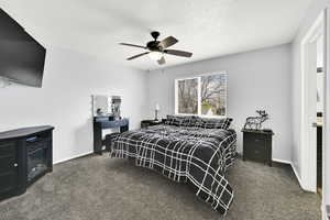 Bedroom with ceiling fan and dark carpet