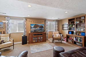 Living room featuring light colored carpet, a textured ceiling, and recessed lighting
