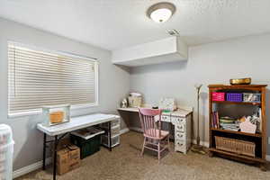 Home office featuring light colored carpet and a textured ceiling