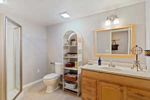 Full bathroom featuring vanity and a shower stall