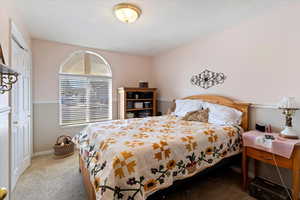Carpeted bedroom with a closet and baseboards