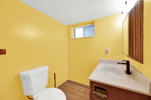 Bathroom featuring vanity, a textured ceiling, and light wood finished floors