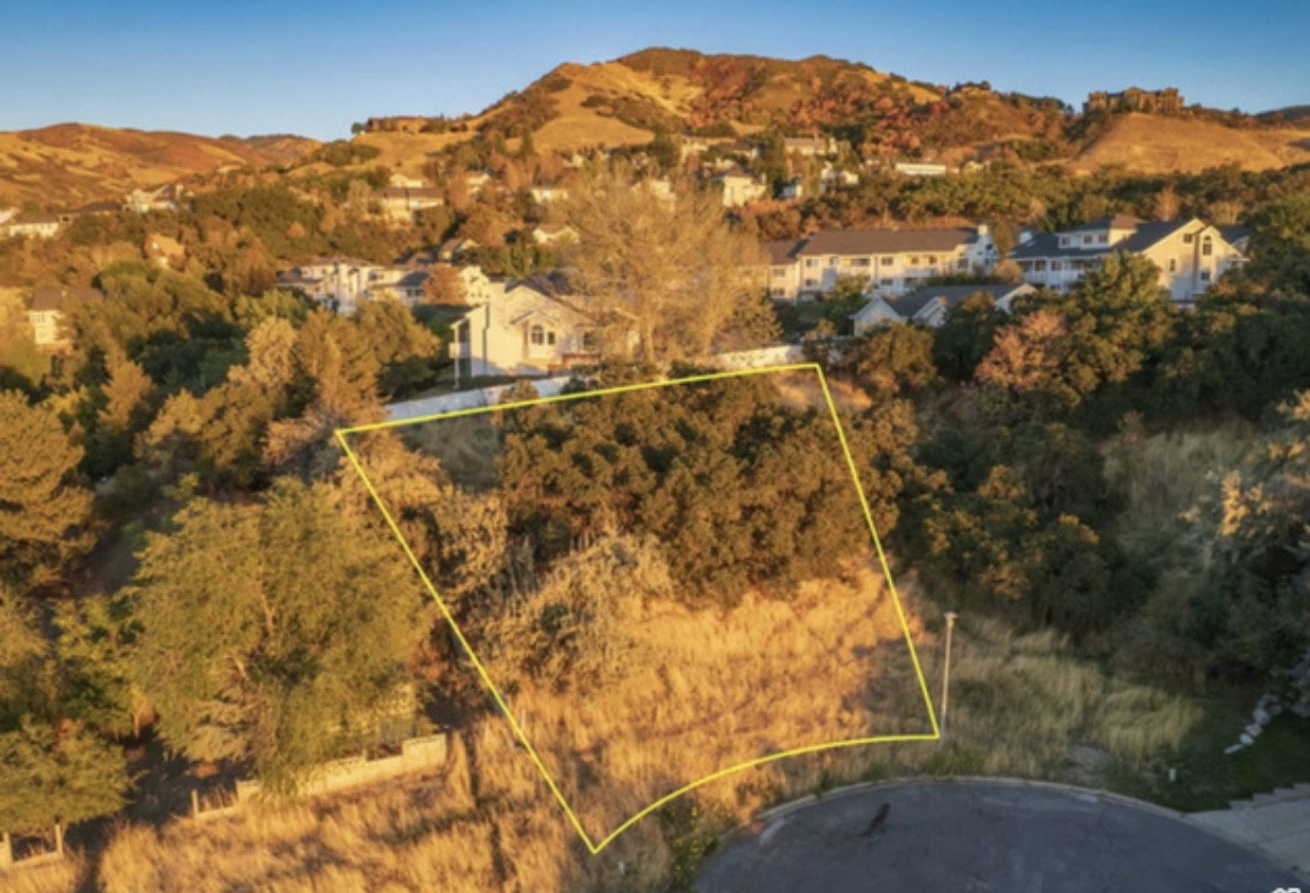 Aerial view of property and surrounding area with mountains and property parcel outlined