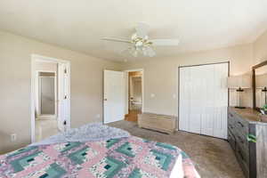 Carpeted bedroom with a ceiling fan, a closet, and ensuite bathroom