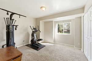 Workout room with light carpet and baseboards