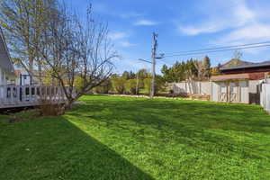 Fenced backyard with a shed and a deck
