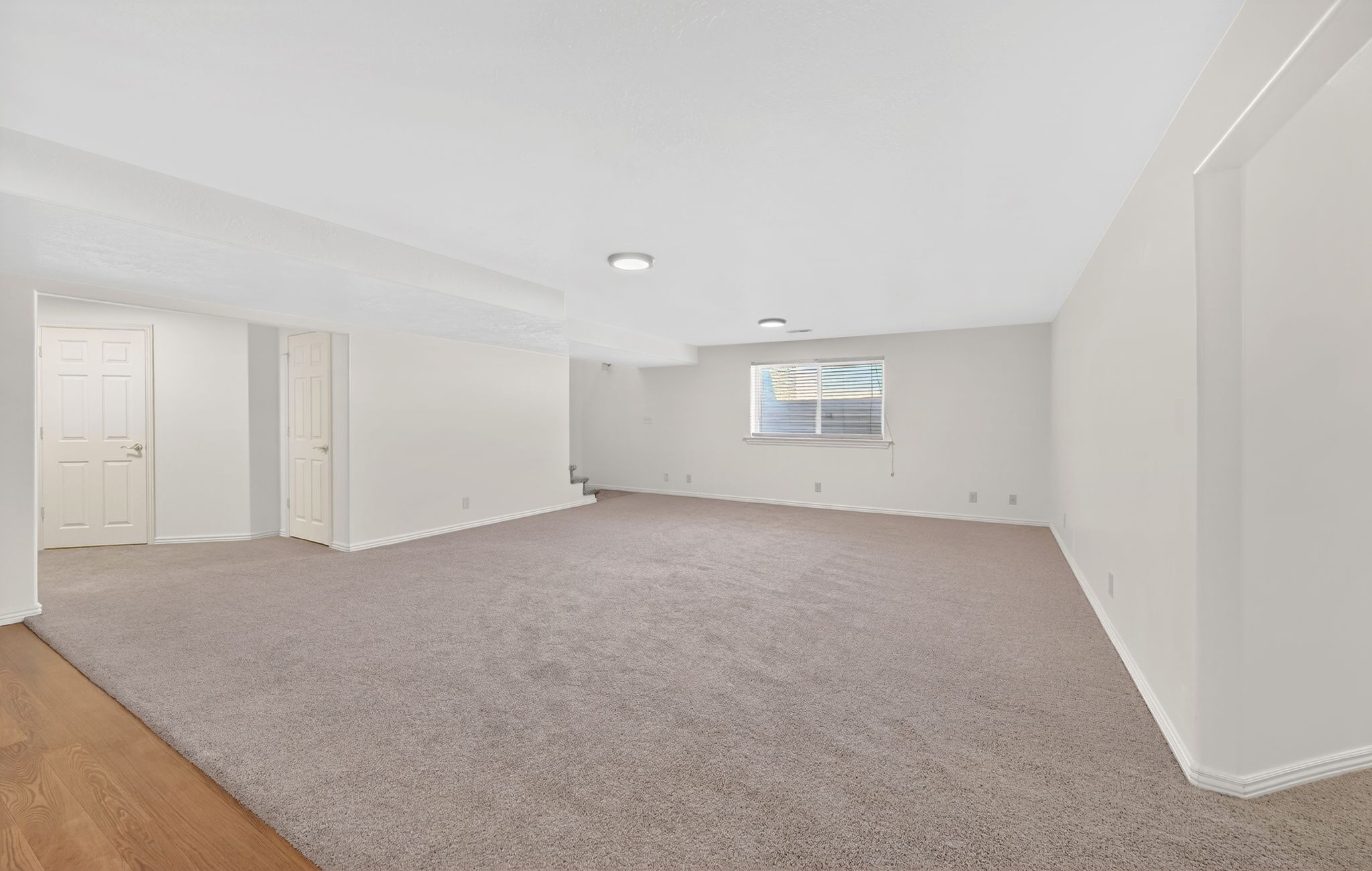 Basement featuring light carpet
