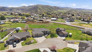 Aerial view of residential area with mountains