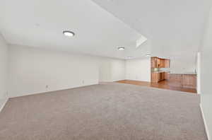 Unfurnished living room featuring light carpet and baseboards