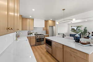 Kitchen with stainless steel appliances, light stone countertops, decorative backsplash, light wood-style floors, and a kitchen island