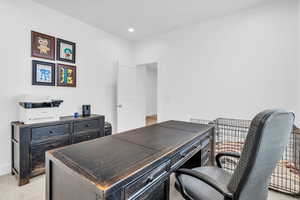 Office with light carpet and recessed lighting