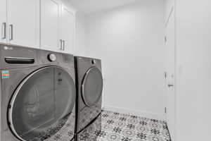 Laundry room with independent washer and dryer and cabinet space