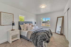 Bedroom featuring light colored carpet, a textured ceiling, and a closet
