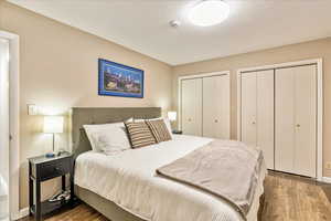 Bedroom with multiple closets and wood finished floors