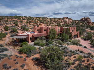 Aerial view of sparsely populated area featuring a desert landscape
