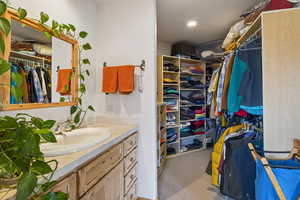 Bathroom featuring a spacious closet, vanity, and light carpet