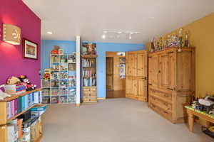 Game room with light carpet and rail lighting