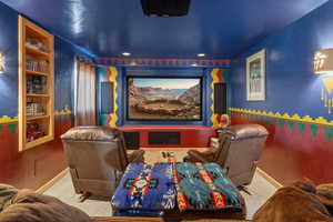 Cinema featuring carpet floors and recessed lighting