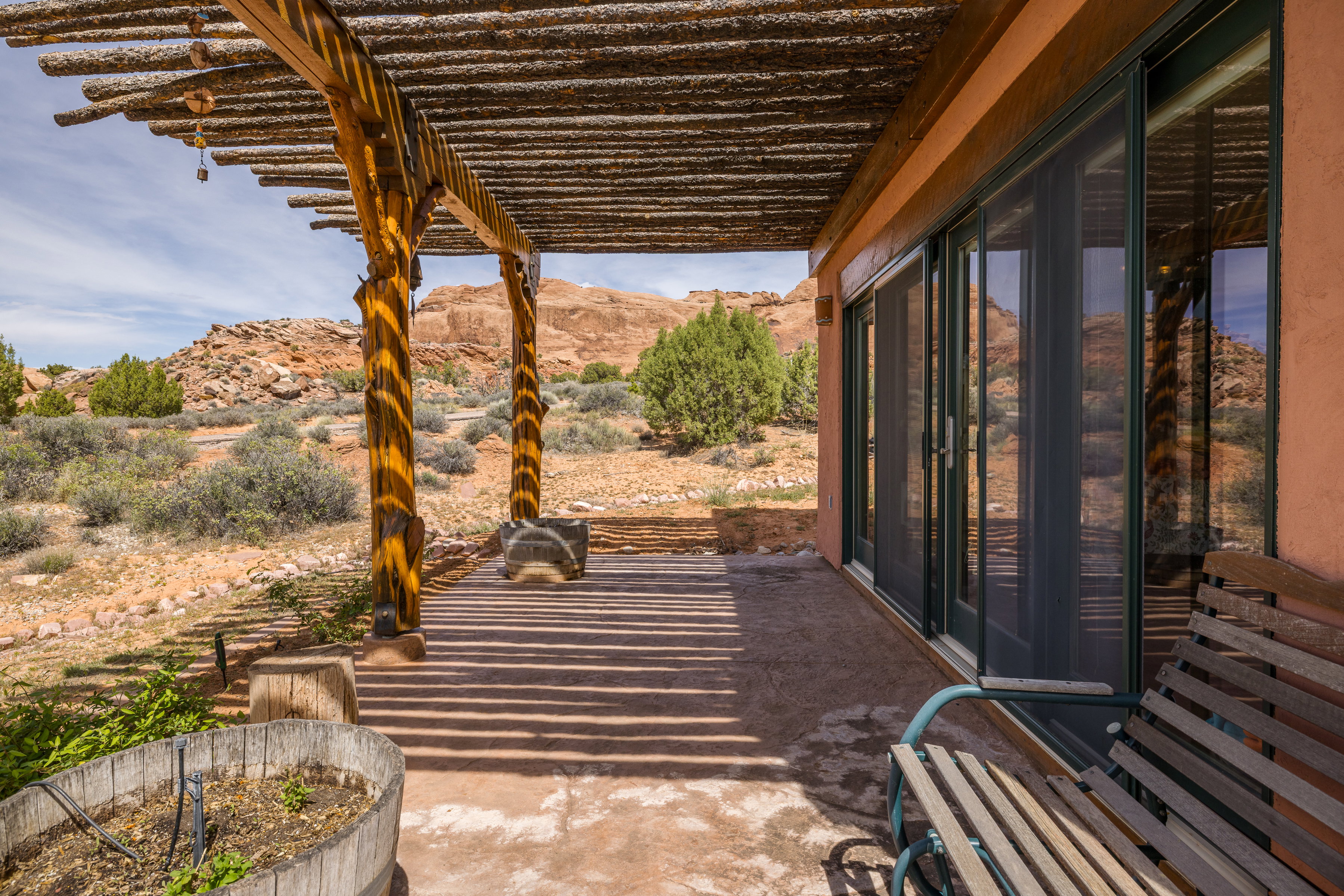 View of patio featuring a mountain view and a pergola