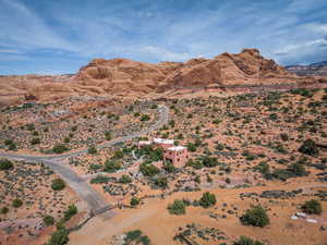 View of mountain backdrop featuring a desert landscape and rural landscape