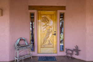 Doorway to property with stucco siding