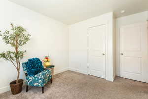 Sitting room with light carpet and baseboards