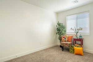 Sitting room featuring baseboards and carpet