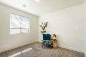Sitting room featuring baseboards and carpet