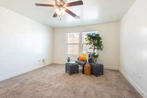 Living area featuring light carpet and a ceiling fan