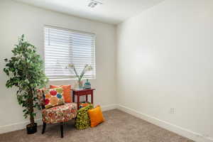 Living area with light colored carpet and baseboards