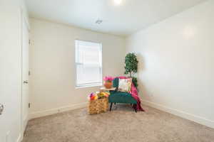 Sitting room with baseboards and light colored carpet