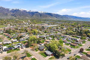 Aerial view of residential area with a mountain backdrop