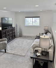 Living area featuring carpet flooring and crown molding