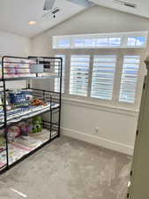 Unfurnished bedroom with light colored carpet, recessed lighting, and a ceiling fan