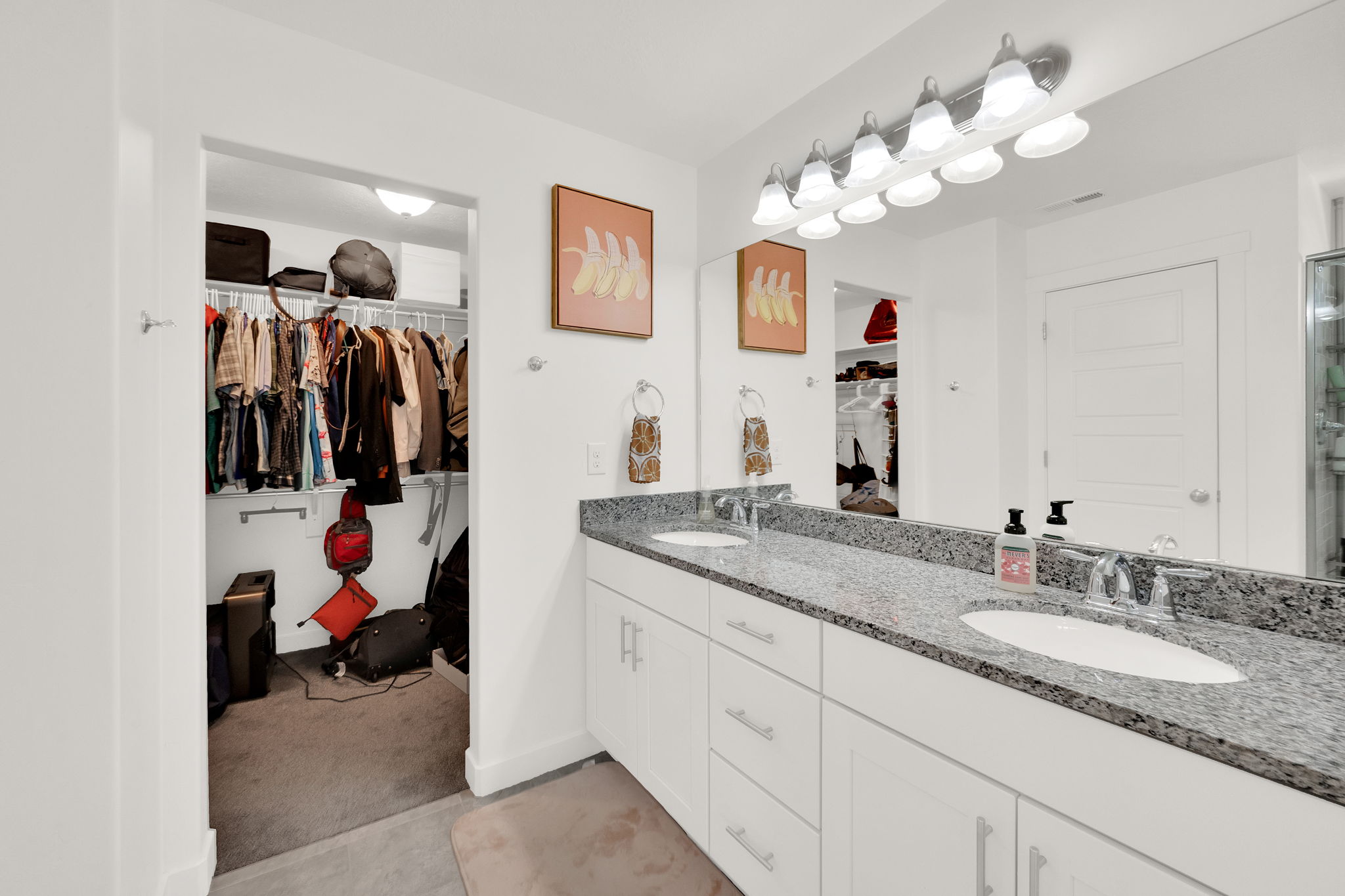 Full bathroom with a walk in closet, double vanity, and light carpet
