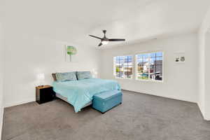 Bedroom featuring carpet flooring and a ceiling fan