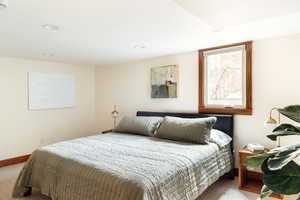 Bedroom featuring light colored carpet and recessed lighting