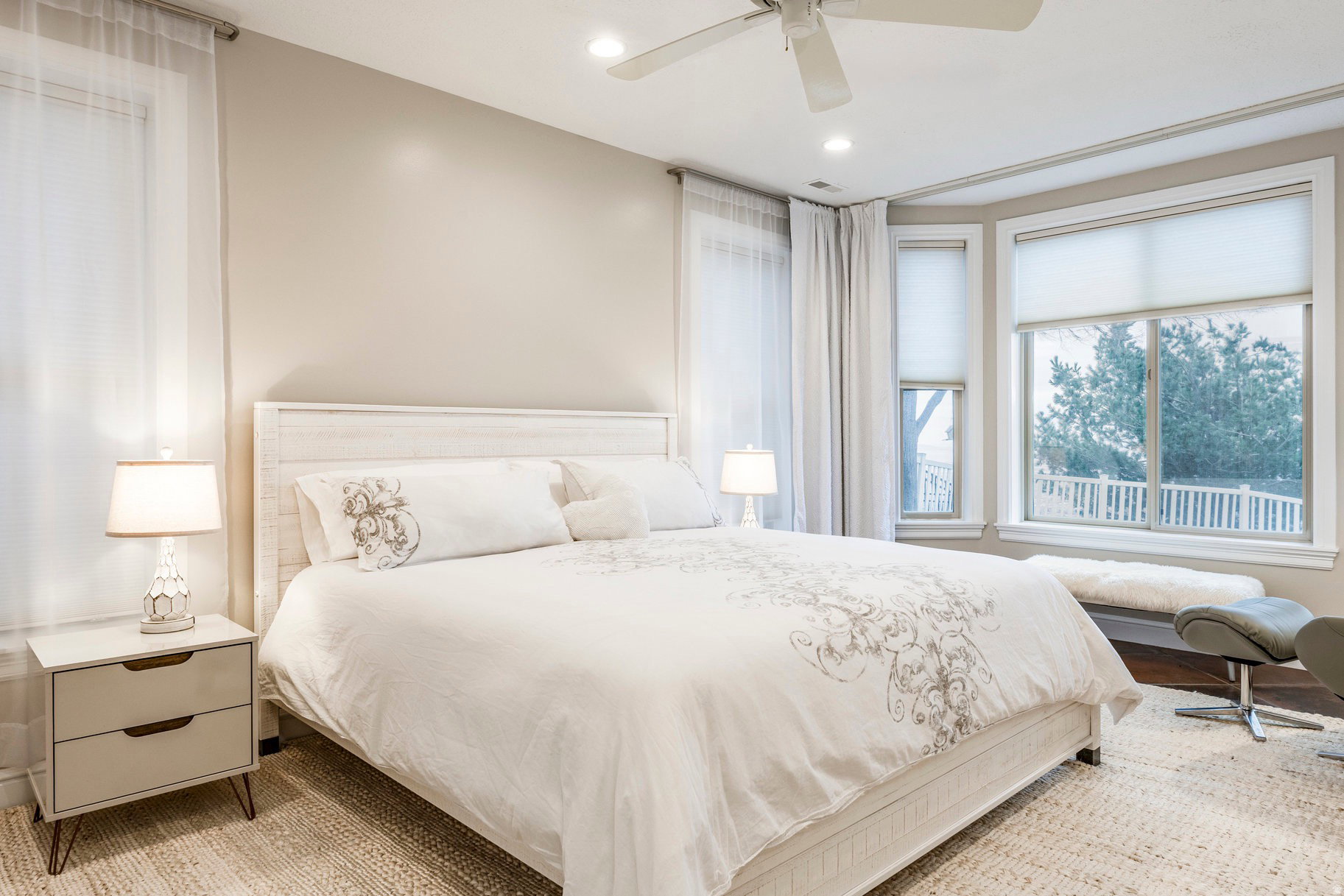 Bedroom with recessed lighting and a ceiling fan