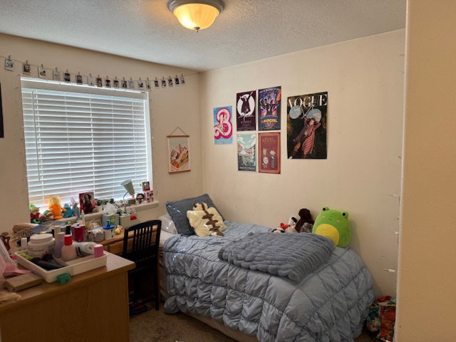 Carpeted bedroom featuring a textured ceiling
