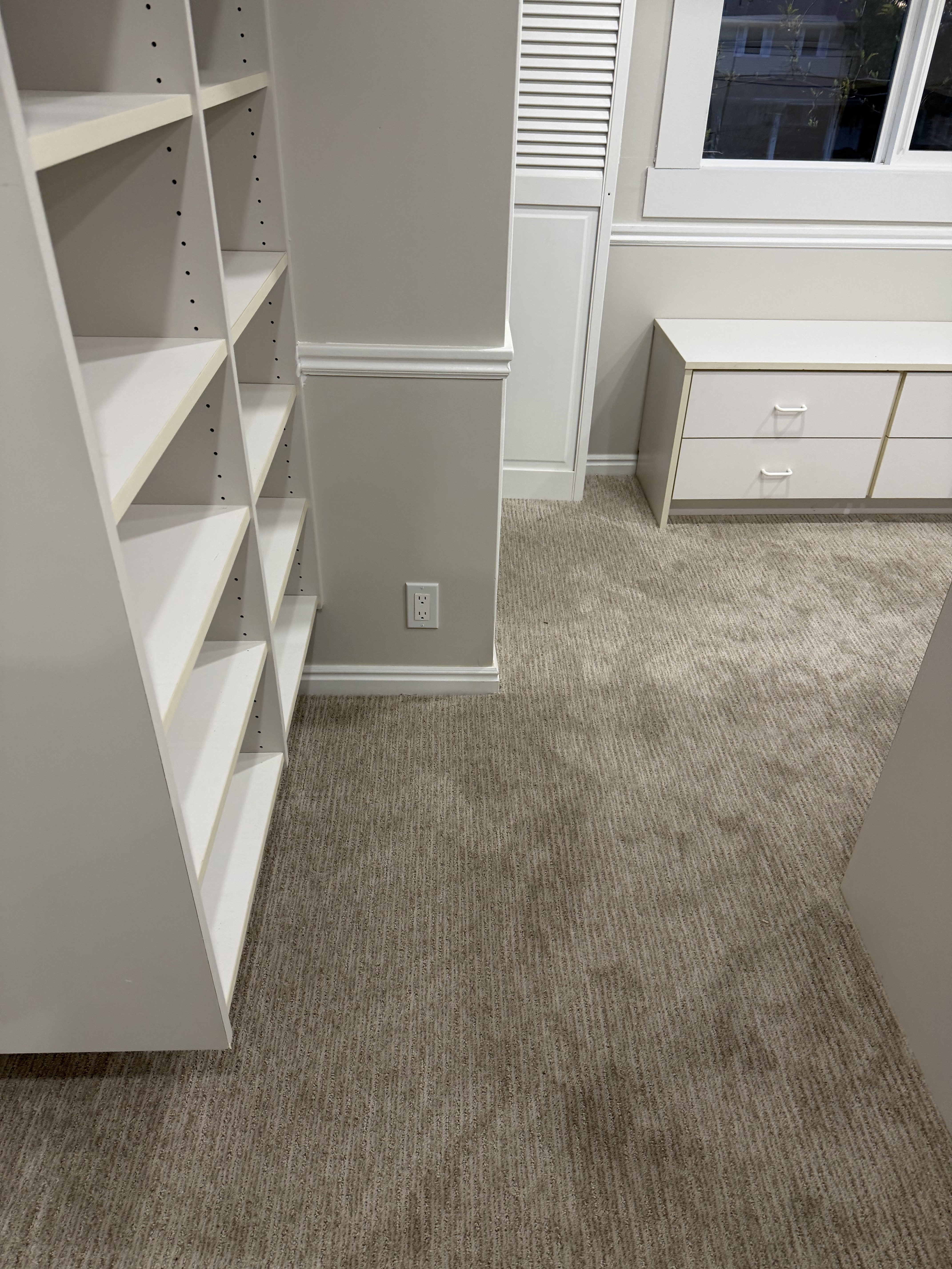 Walk in closet featuring dark carpet