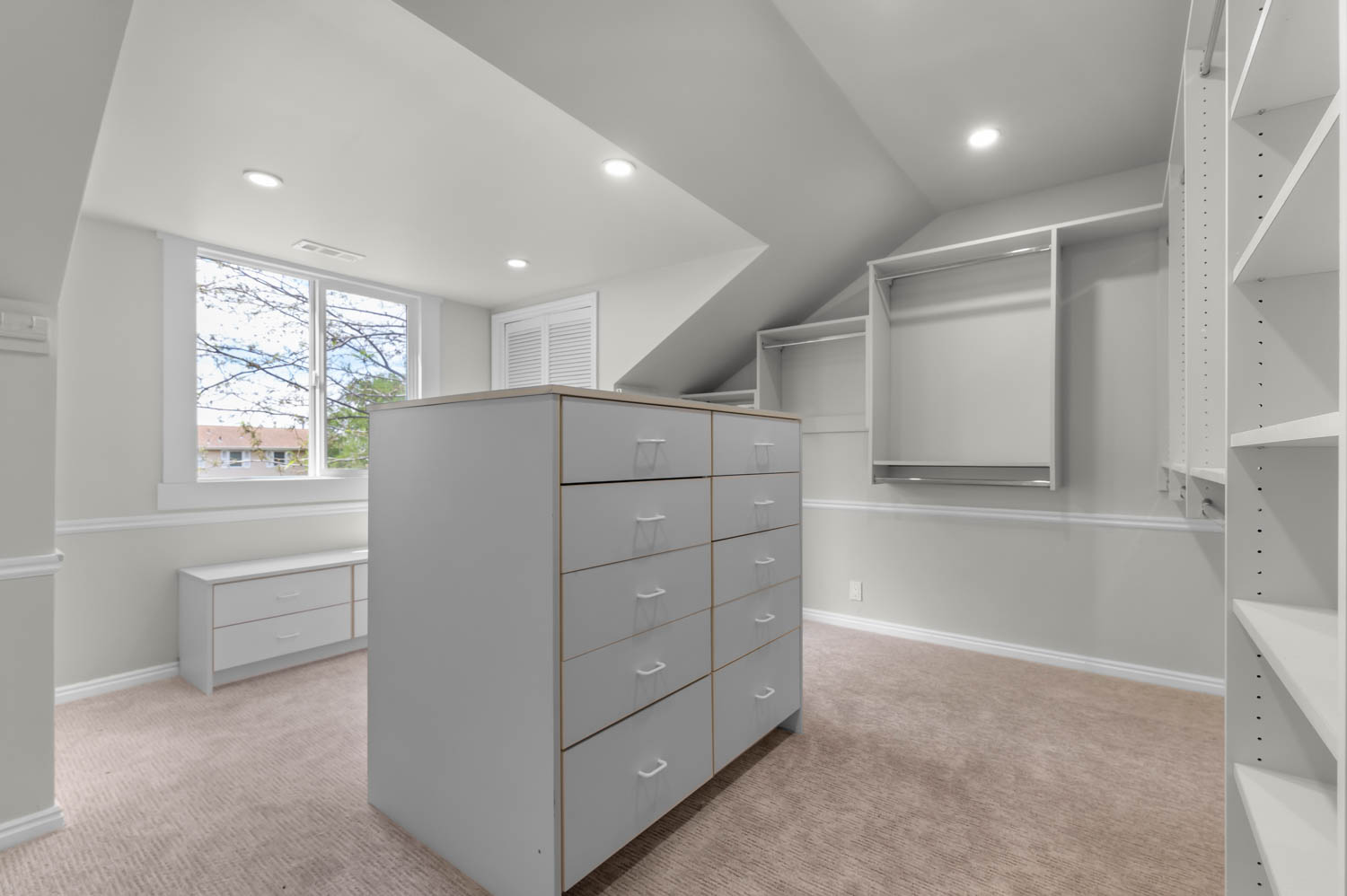 Walk in closet with light colored carpet