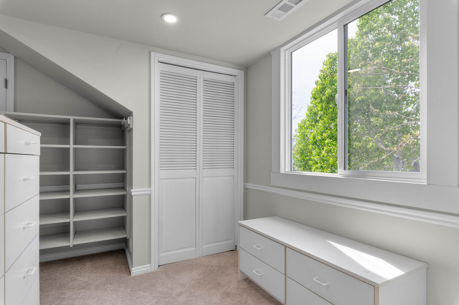 Walk in closet with light colored carpet