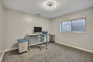 Office space with light carpet and a textured ceiling